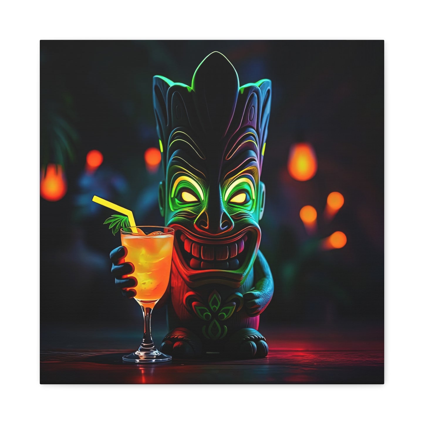 Canvas Print, Tiki Statue Tropical Paradise Wall Art Decor, Exotic Drink, Matte, Stretched, 1 25", Hawaiian Home Decor, Island Vibes,
