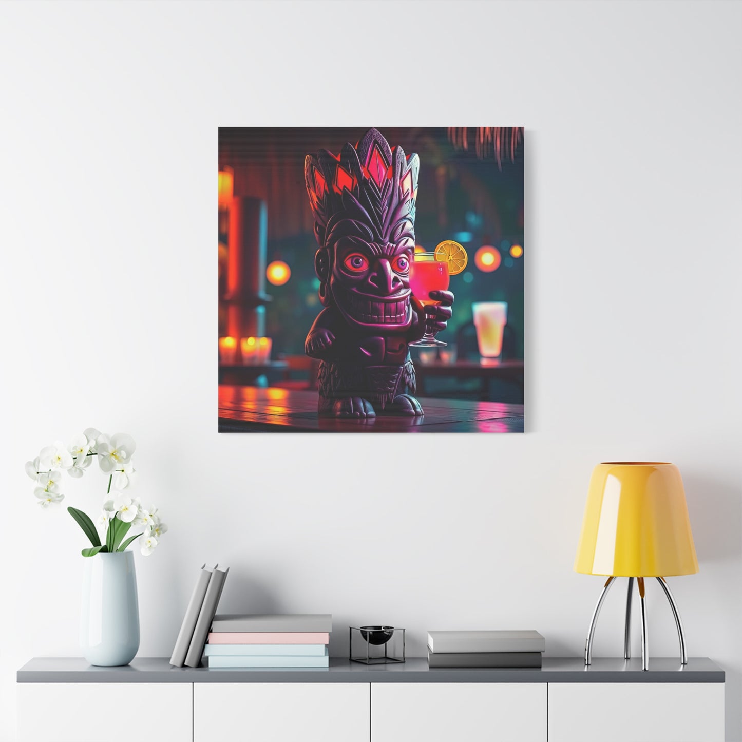 Canvas Print, Exotic Tiki Statue with Drink, Tiki Location Art, Home Decor, Wall Art, Tropical Print, Tiki Decor