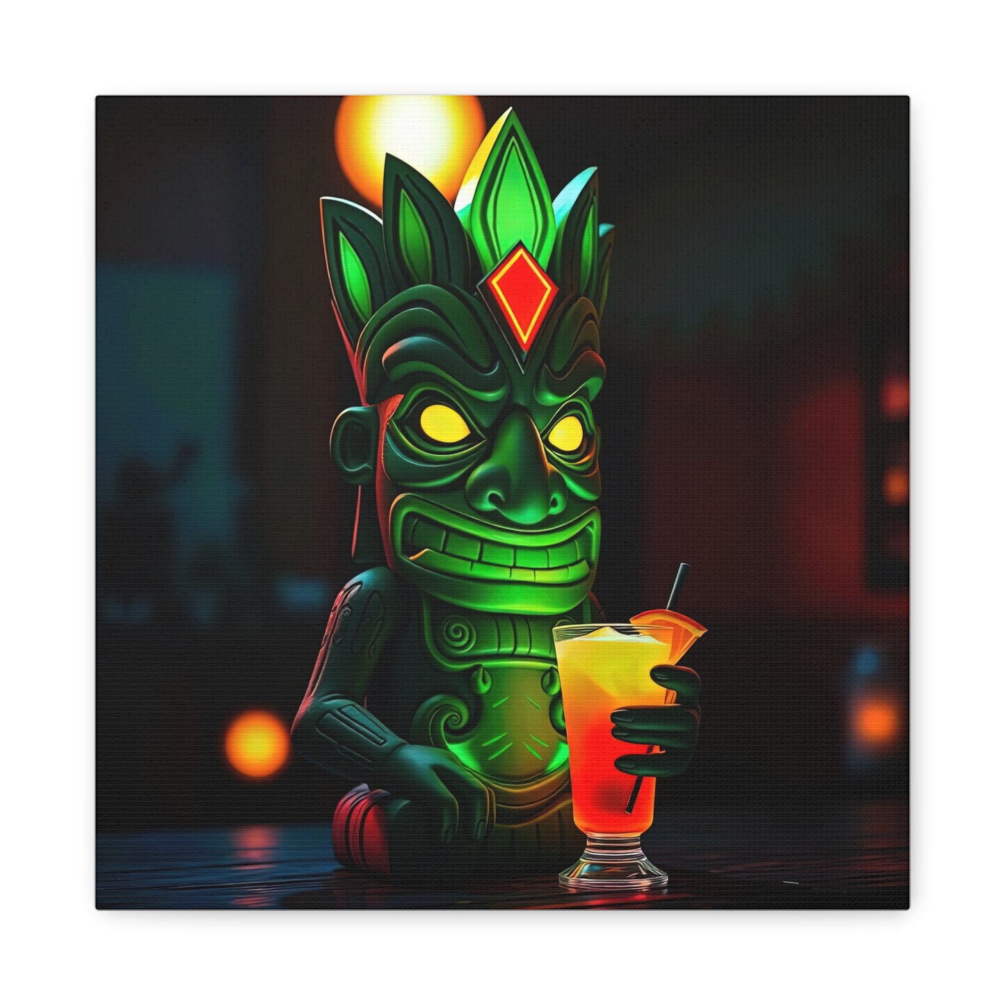 Canvas Print, Exotic Tiki Statue at Night Tropical Paradise Wall Art, Stretched Matte Print, Tiki Drink Decor, Island Vibes Home Decor,