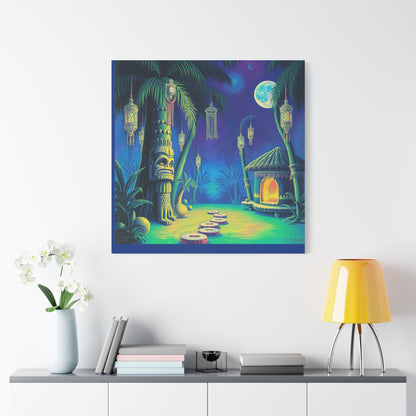 Canvas Print, Tiki Village Night Scene Wall Art, Whimsical Style, Home Decor, Gift, Tropical Artwork