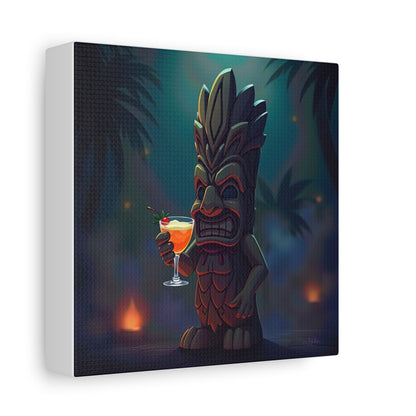 Canvas Print, Tiki Statue Holding Exotic Drink Tropical Night Scene, Wall Art Decor, Beach House Decor, Home Office Decoration, Island Vibes