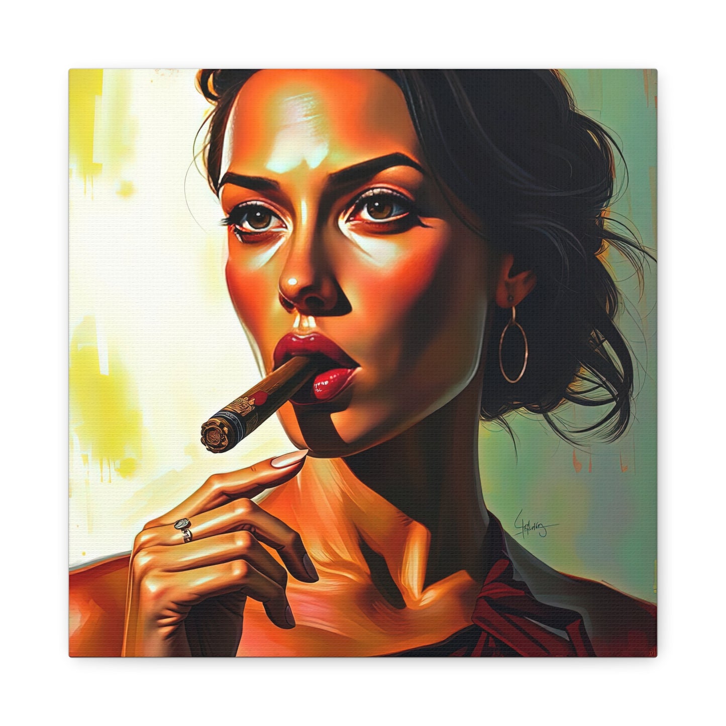 Canvas Wall Art, Pinup Woman Smoking Cigar for Man Cave, Cigar Aficionados, Retro Art Decor, Pinup Art Print, Wall Decor