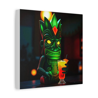 Canvas Print, Exotic Tiki Statue at Night Tropical Paradise Wall Art, Stretched Matte Print, Tiki Drink Decor, Island Vibes Home Decor,