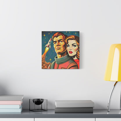 Canvas Wall Art, Retro Sci-Fi Space Commander & Princess, Pulp Magazine 1940s 1950s Decor, Matte Stretched Print, Astronomy Gift, Nerd Home