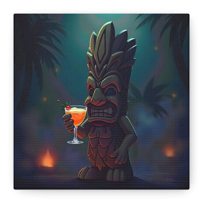 Canvas Print, Tiki Statue Holding Exotic Drink Tropical Night Scene, Wall Art Decor, Beach House Decor, Home Office Decoration, Island Vibes