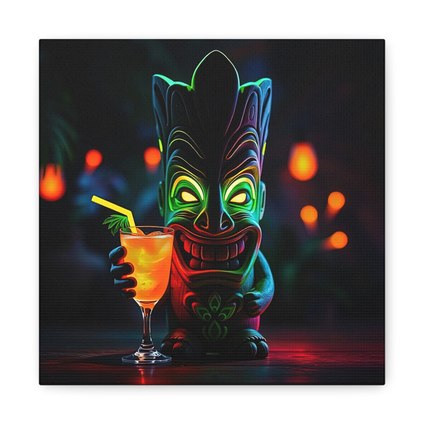 Canvas Print, Tiki Statue Tropical Paradise Wall Art Decor, Exotic Drink, Matte, Stretched, 1 25", Hawaiian Home Decor, Island Vibes,