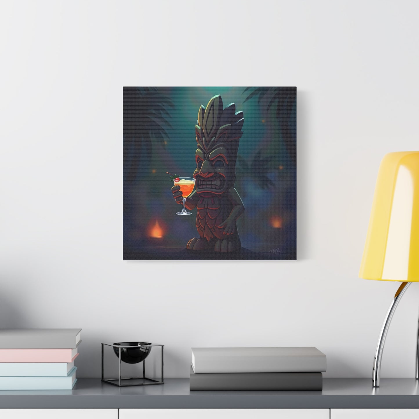 Canvas Print, Tiki Statue Holding Exotic Drink Tropical Night Scene, Wall Art Decor, Beach House Decor, Home Office Decoration, Island Vibes