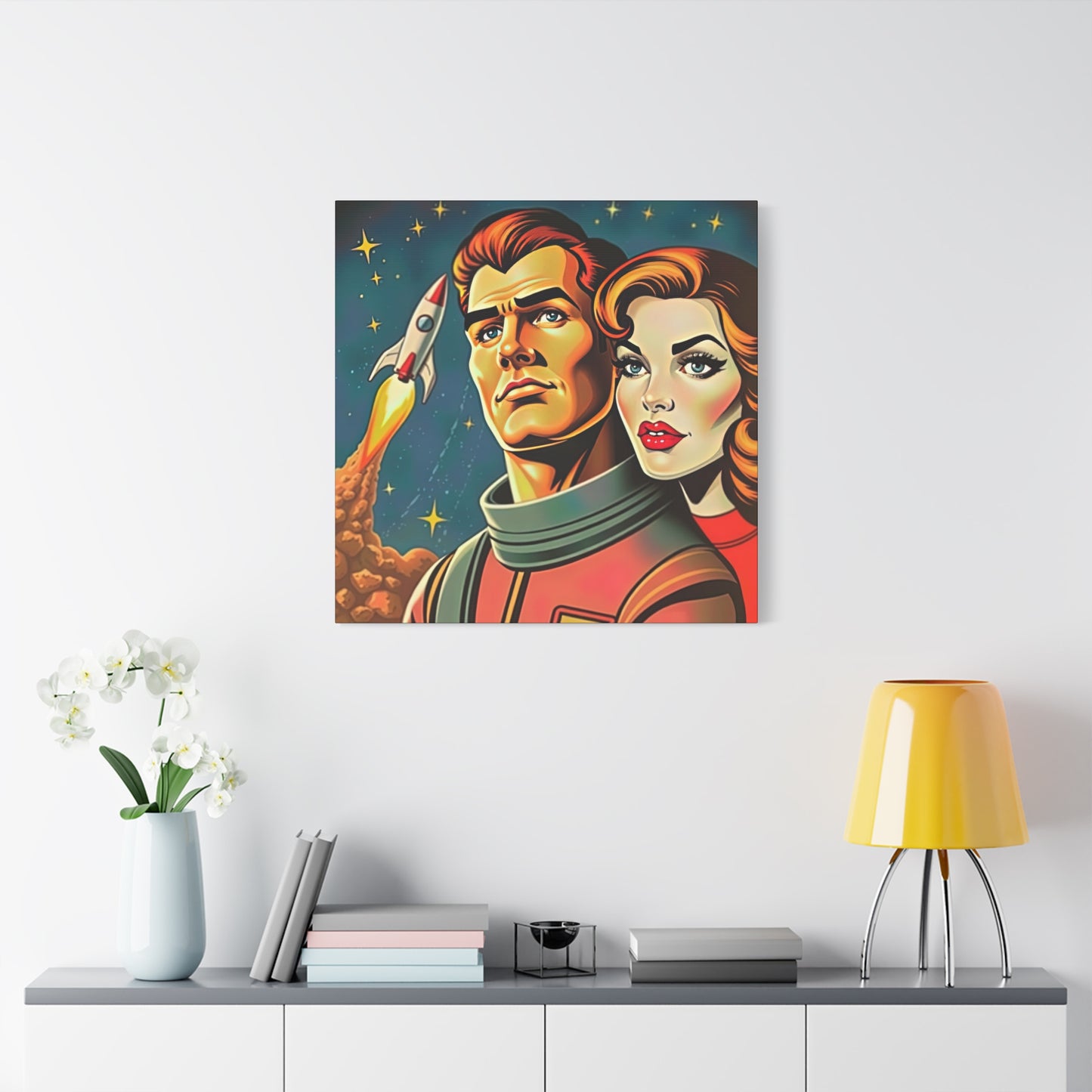 Canvas Wall Art, Retro Sci-Fi Space Commander & Princess, Pulp Magazine 1940s 1950s Decor, Matte Stretched Print, Astronomy Gift, Nerd Home