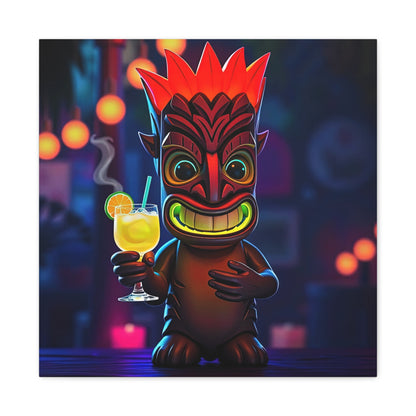 Canvas Print, Exotic Tiki Location with Tiki Drink, Tiki Statue, Nighttime Scene, Wall Art, Home Decor, Tropical Decor