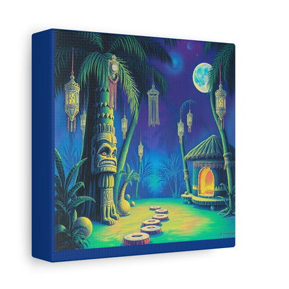 Canvas Print, Tiki Village Night Scene Wall Art, Whimsical Style, Home Decor, Gift, Tropical Artwork