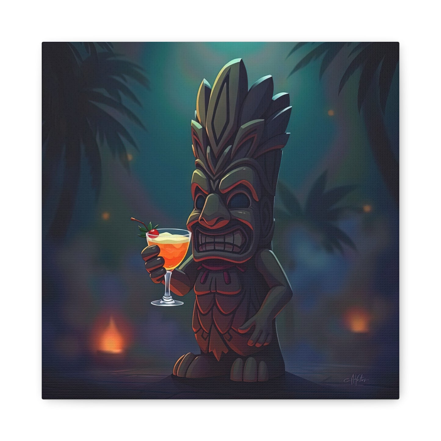 Canvas Print, Tiki Statue Holding Exotic Drink Tropical Night Scene, Wall Art Decor, Beach House Decor, Home Office Decoration, Island Vibes