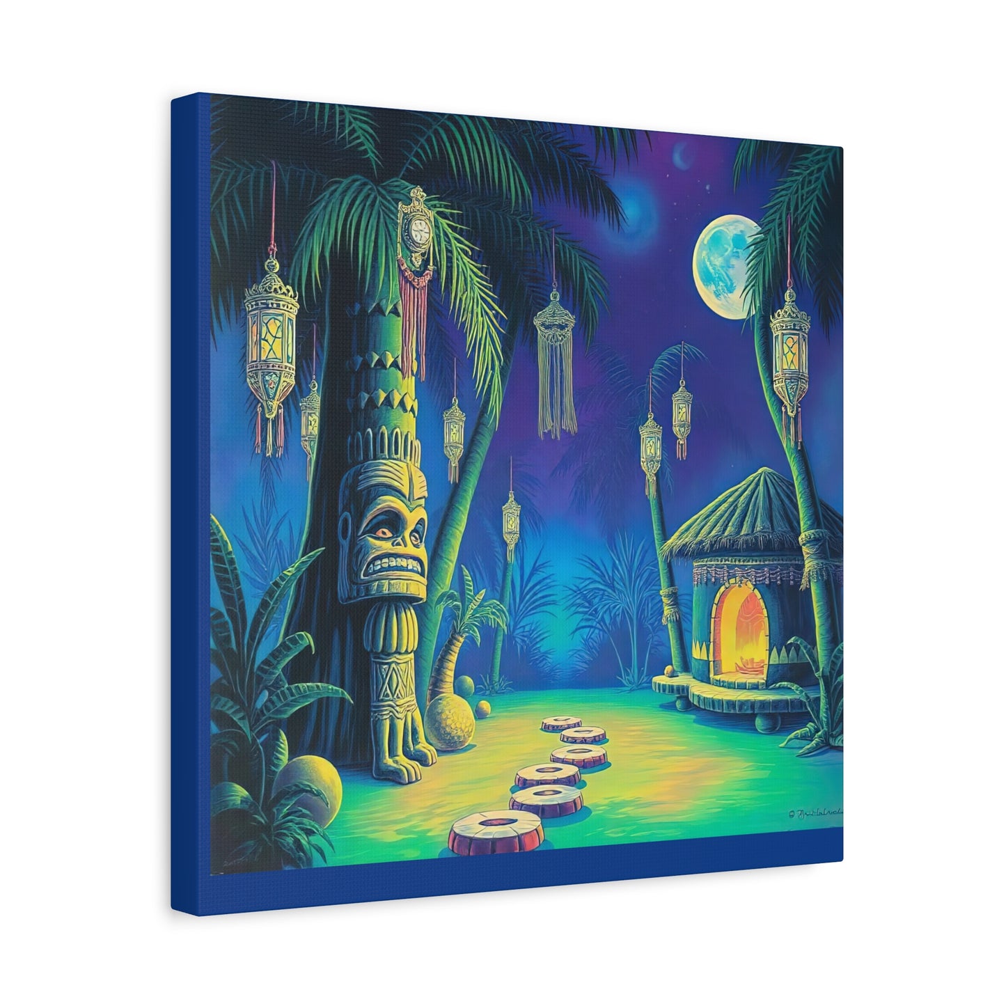 Canvas Print, Tiki Village Night Scene Wall Art, Whimsical Style, Home Decor, Gift, Tropical Artwork