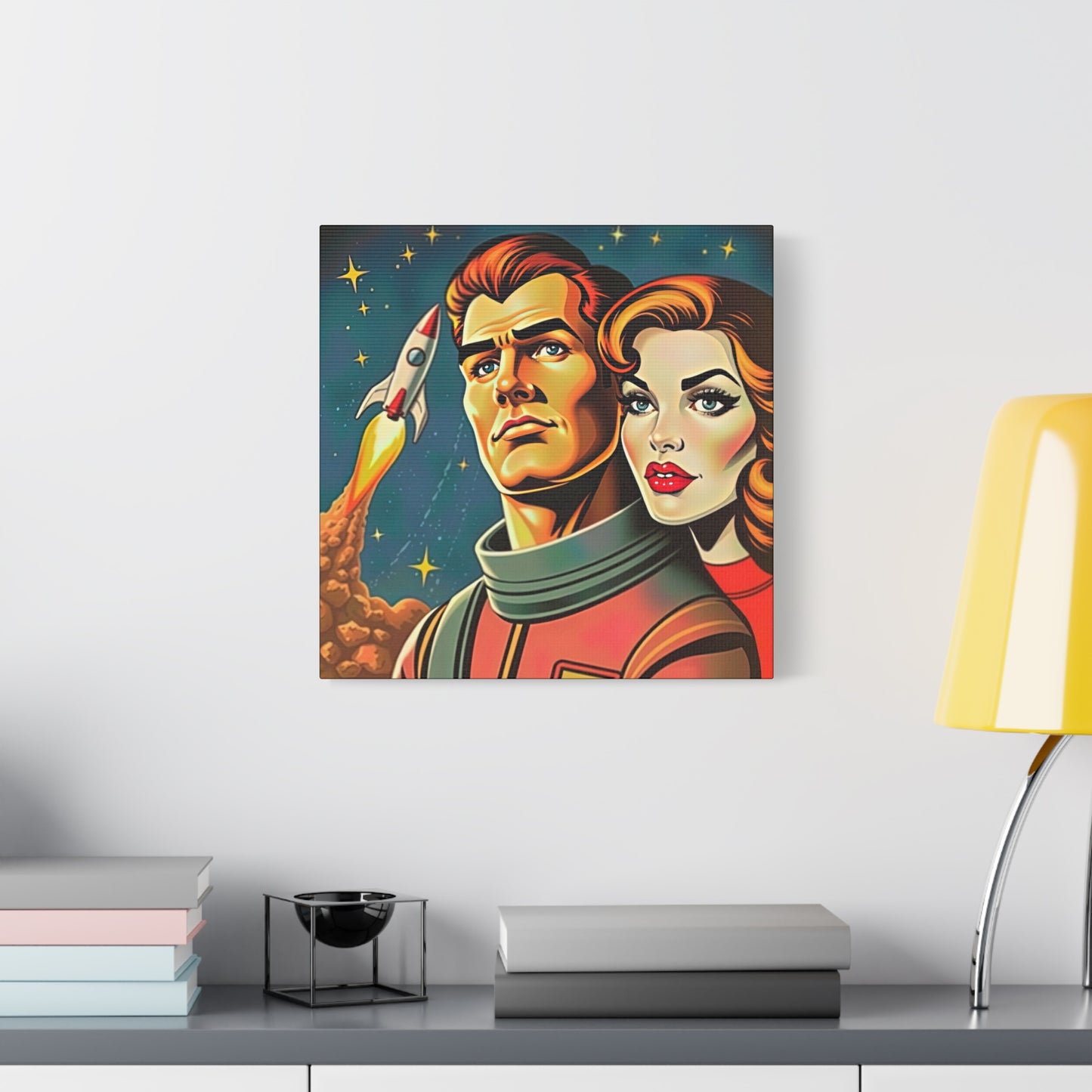 Canvas Wall Art, Retro Sci-Fi Space Commander & Princess, Pulp Magazine 1940s 1950s Decor, Matte Stretched Print, Astronomy Gift, Nerd Home