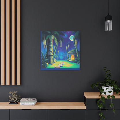 Canvas Print, Tiki Village Night Scene Wall Art, Whimsical Style, Home Decor, Gift, Tropical Artwork