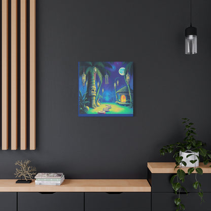 Canvas Print, Tiki Village Night Scene Wall Art, Whimsical Style, Home Decor, Gift, Tropical Artwork