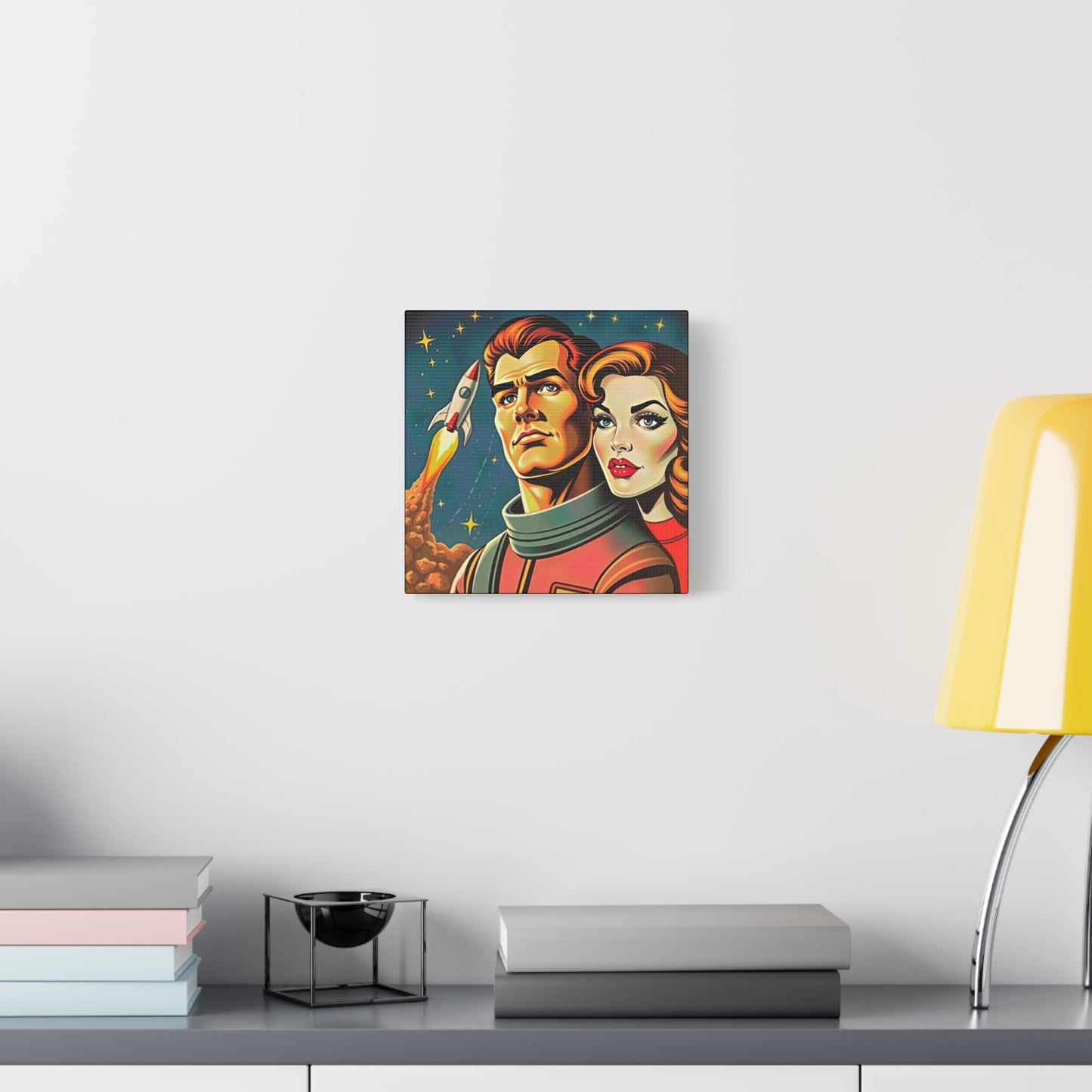 Canvas Wall Art, Retro Sci-Fi Space Commander & Princess, Pulp Magazine 1940s 1950s Decor, Matte Stretched Print, Astronomy Gift, Nerd Home