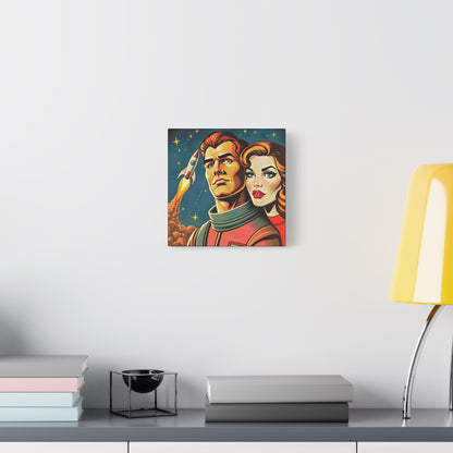 Canvas Wall Art, Retro Sci-Fi Space Commander & Princess, Pulp Magazine 1940s 1950s Decor, Matte Stretched Print, Astronomy Gift, Nerd Home
