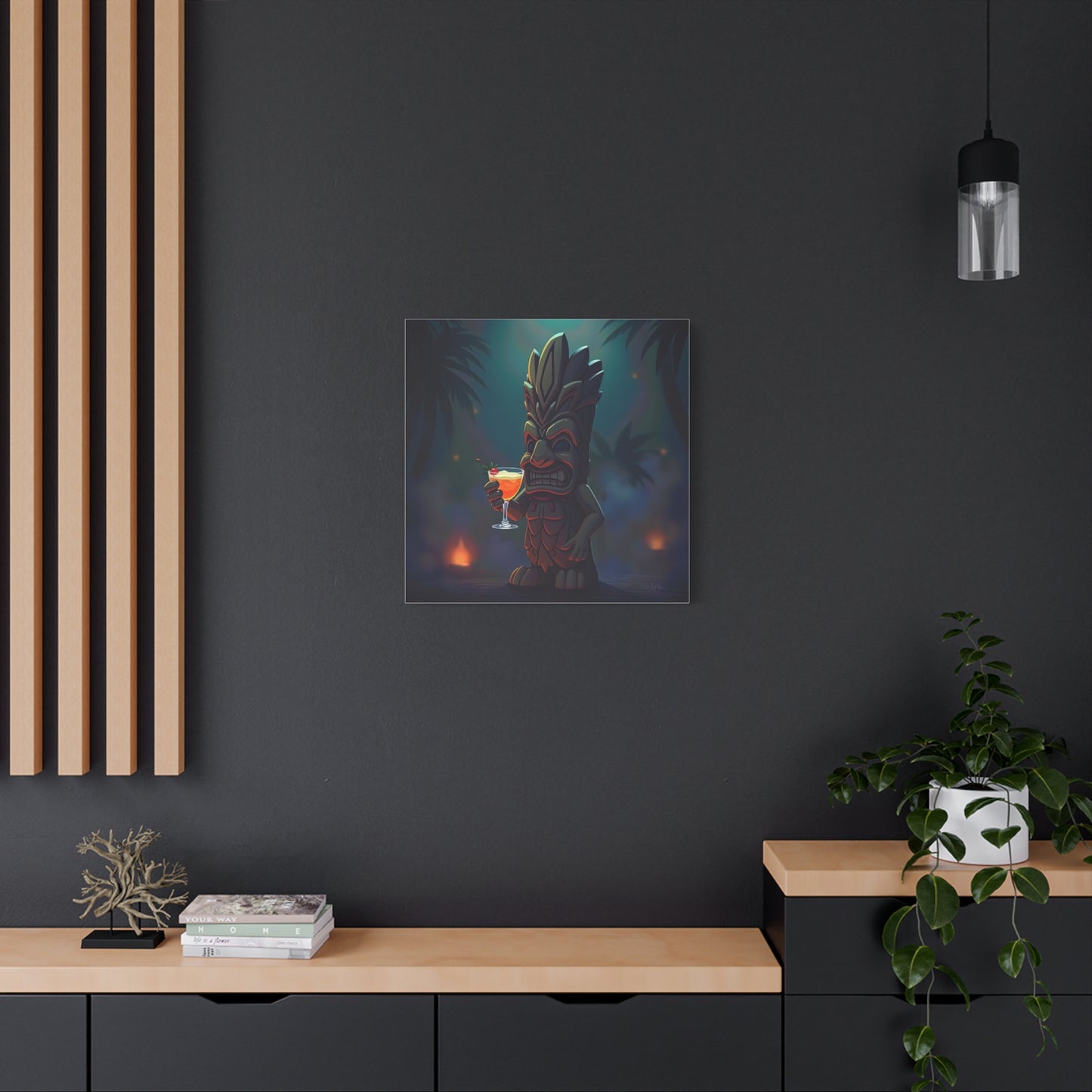 Canvas Print, Tiki Statue Holding Exotic Drink Tropical Night Scene, Wall Art Decor, Beach House Decor, Home Office Decoration, Island Vibes