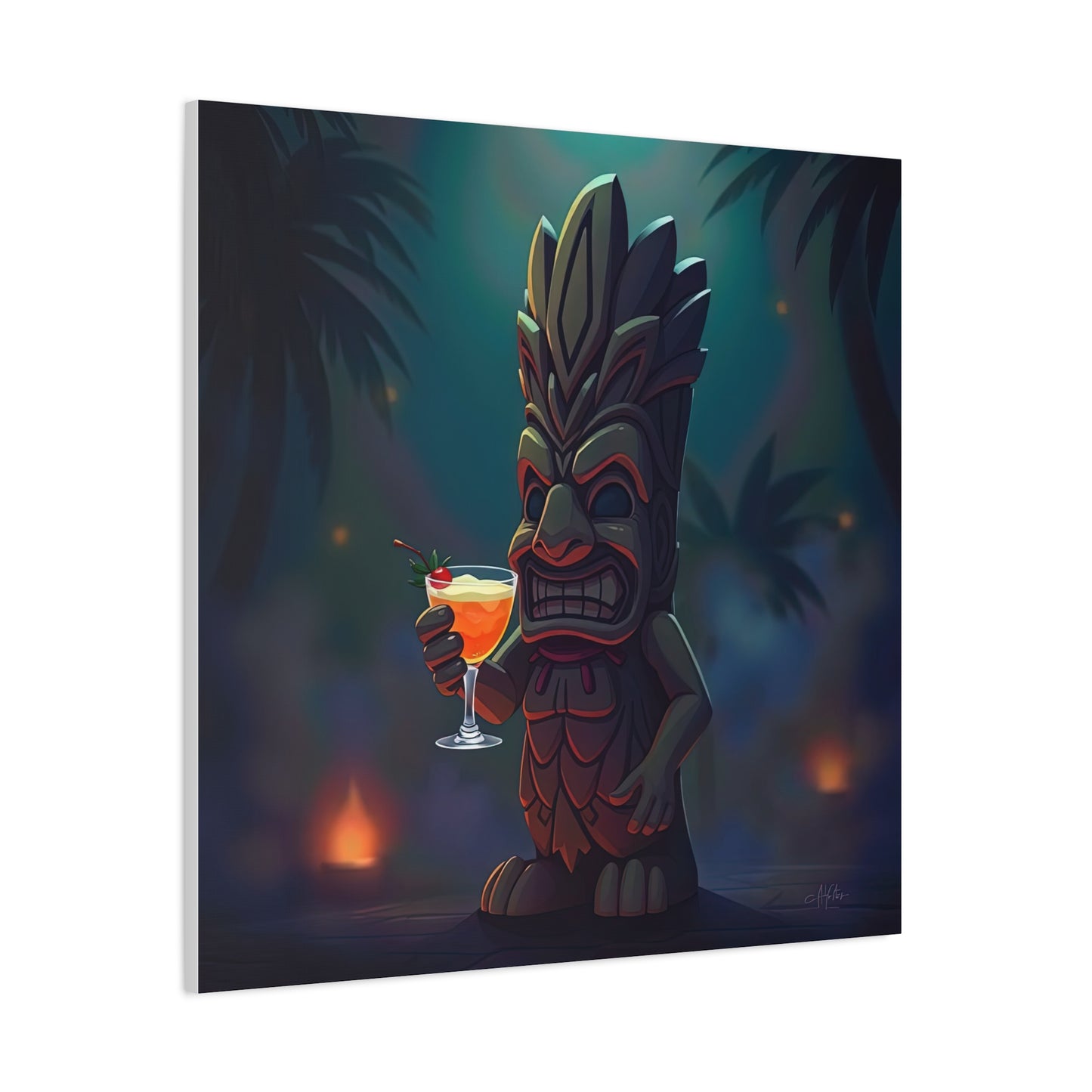 Canvas Print, Tiki Statue Holding Exotic Drink Tropical Night Scene, Wall Art Decor, Beach House Decor, Home Office Decoration, Island Vibes