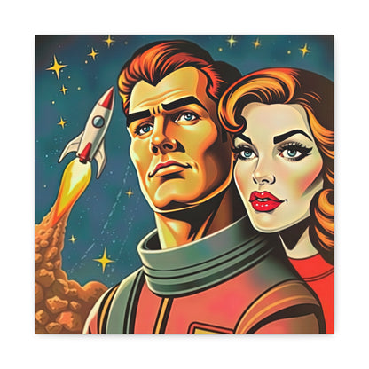 Canvas Wall Art, Retro Sci-Fi Space Commander & Princess, Pulp Magazine 1940s 1950s Decor, Matte Stretched Print, Astronomy Gift, Nerd Home