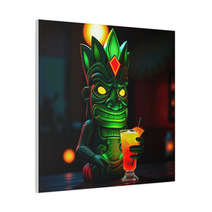 Canvas Print, Exotic Tiki Statue at Night Tropical Paradise Wall Art, Stretched Matte Print, Tiki Drink Decor, Island Vibes Home Decor,