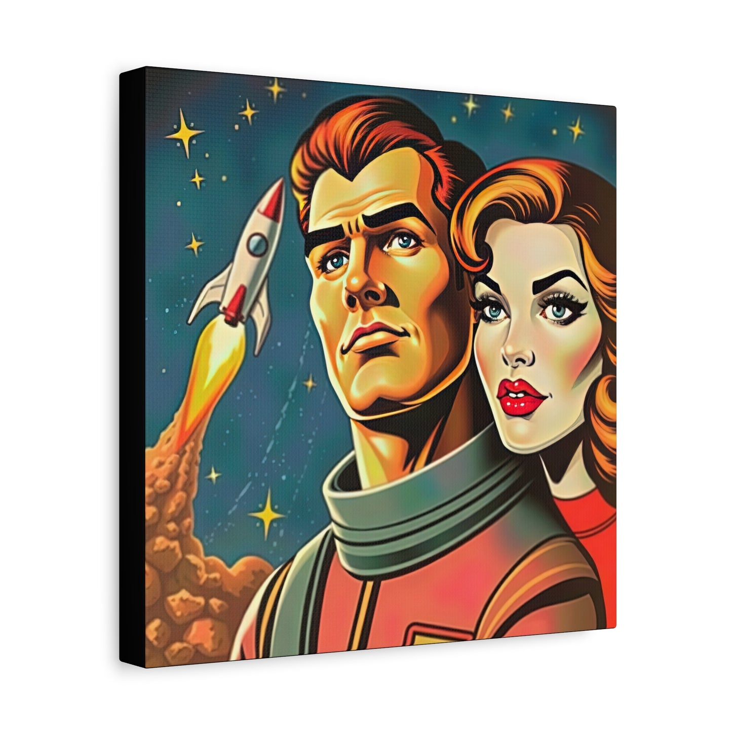 Canvas Wall Art, Retro Sci-Fi Space Commander & Princess, Pulp Magazine 1940s 1950s Decor, Matte Stretched Print, Astronomy Gift, Nerd Home
