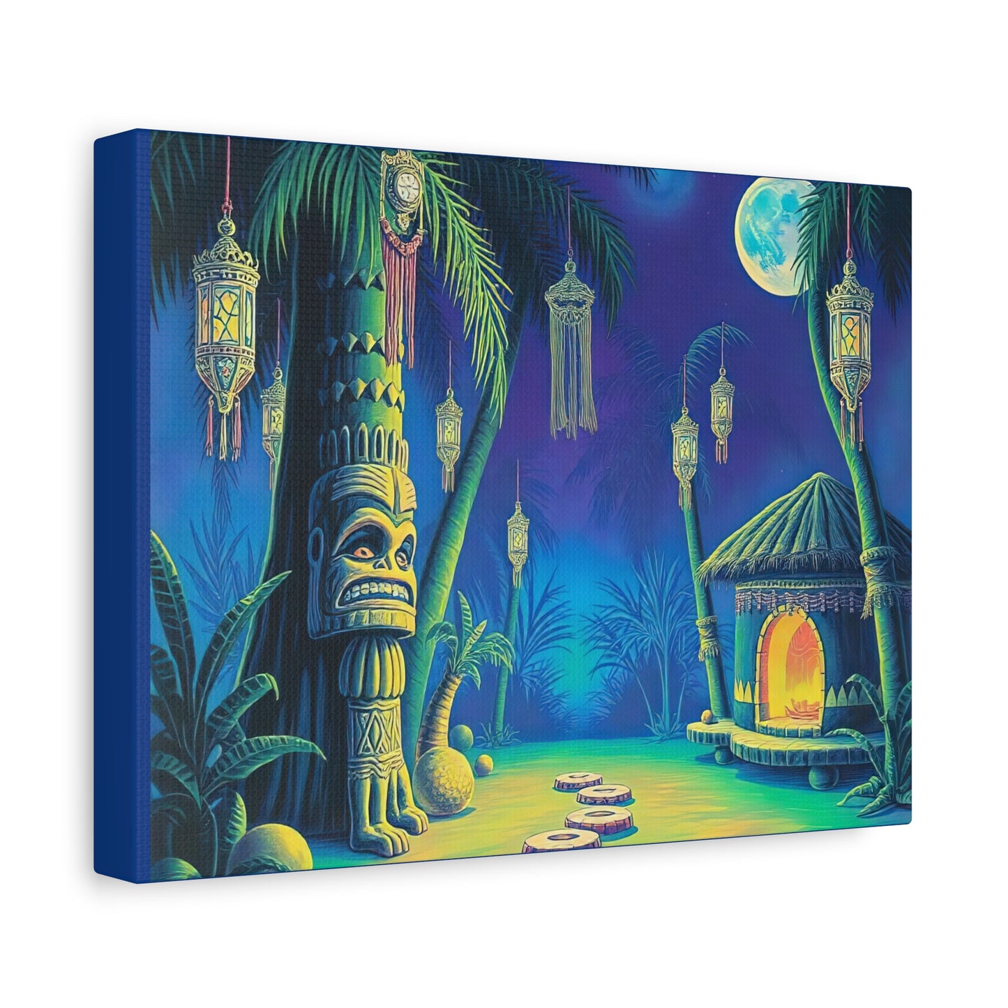 Canvas Print, Tiki Village Night Scene Wall Art, Whimsical Style, Home Decor, Gift, Tropical Artwork