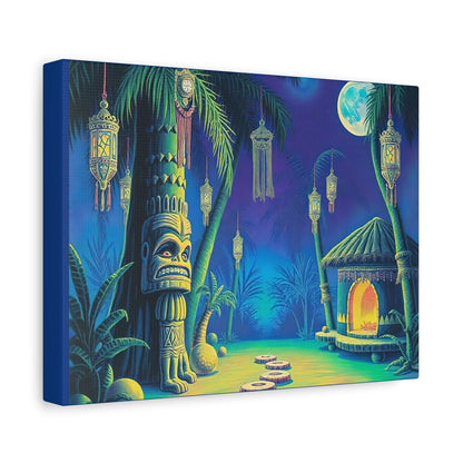 Canvas Print, Tiki Village Night Scene Wall Art, Whimsical Style, Home Decor, Gift, Tropical Artwork