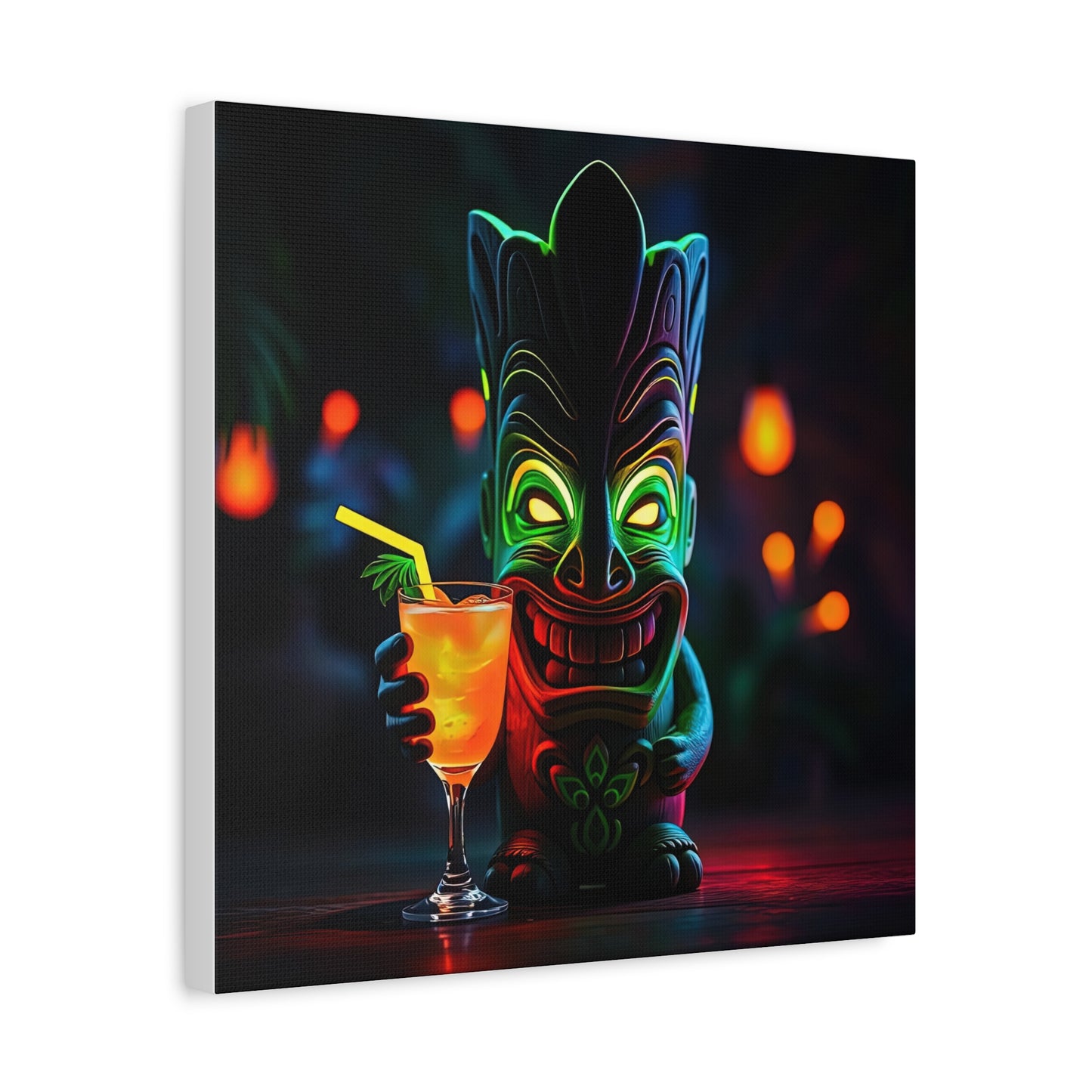 Canvas Print, Tiki Statue Tropical Paradise Wall Art Decor, Exotic Drink, Matte, Stretched, 1 25", Hawaiian Home Decor, Island Vibes,