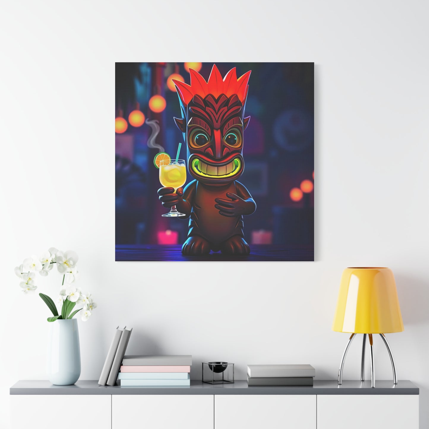 Canvas Print, Exotic Tiki Location with Tiki Drink, Tiki Statue, Nighttime Scene, Wall Art, Home Decor, Tropical Decor