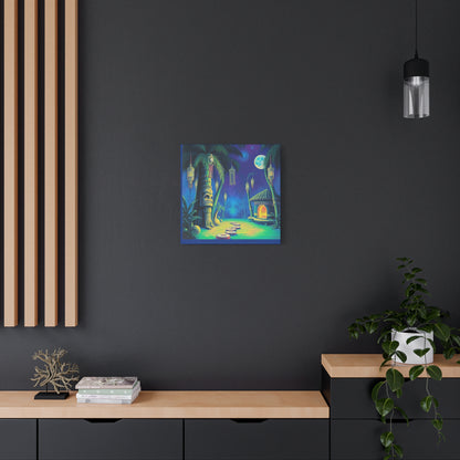 Canvas Print, Tiki Village Night Scene Wall Art, Whimsical Style, Home Decor, Gift, Tropical Artwork