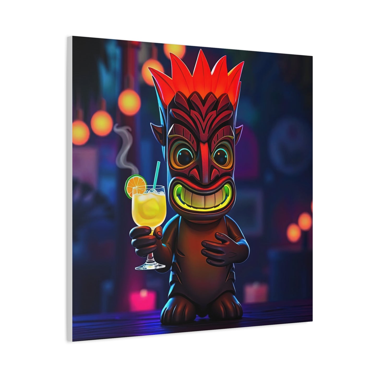 Canvas Print, Exotic Tiki Location with Tiki Drink, Tiki Statue, Nighttime Scene, Wall Art, Home Decor, Tropical Decor