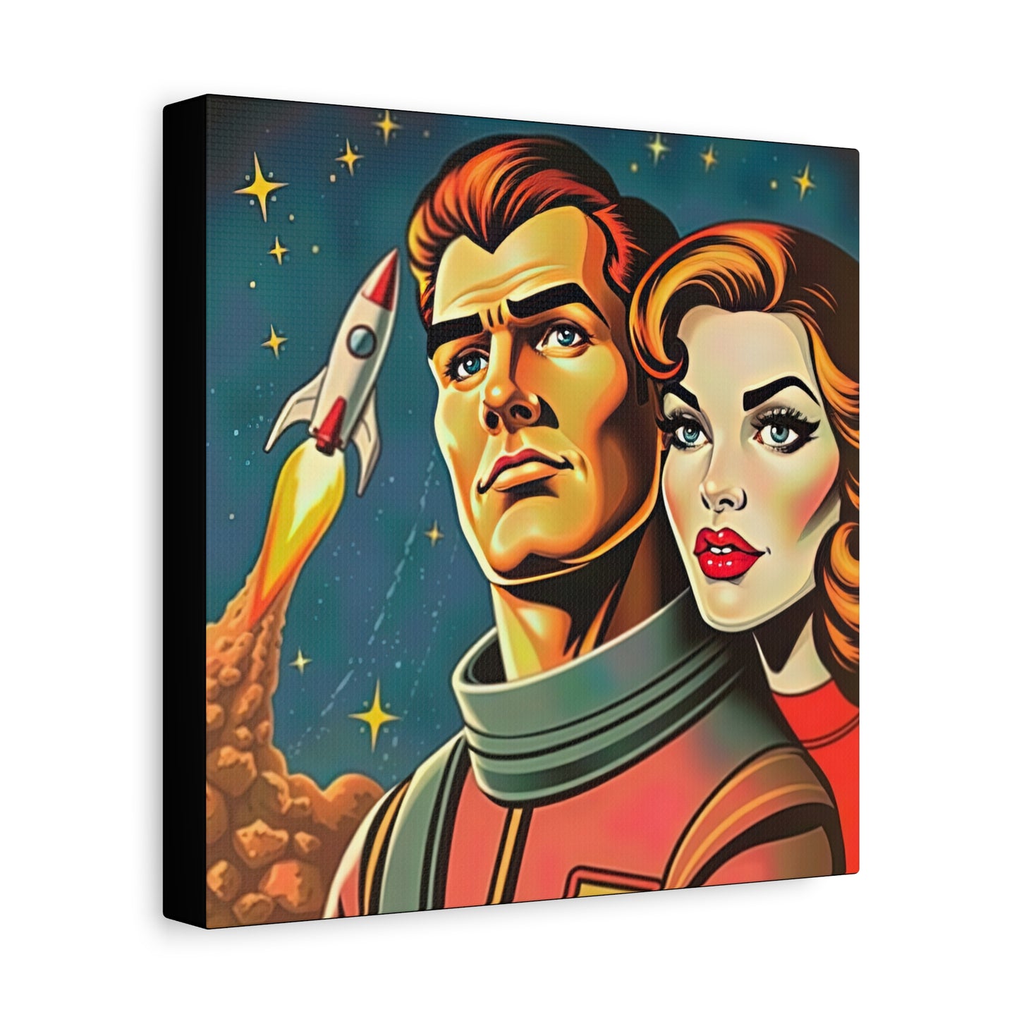 Canvas Wall Art, Retro Sci-Fi Space Commander & Princess, Pulp Magazine 1940s 1950s Decor, Matte Stretched Print, Astronomy Gift, Nerd Home