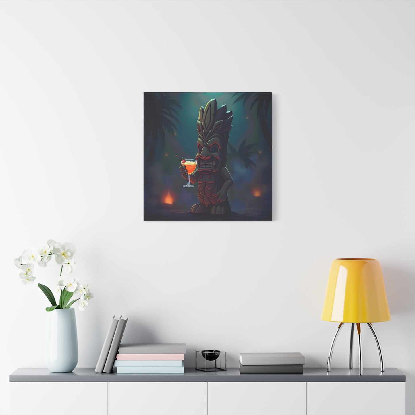 Canvas Print, Tiki Statue Holding Exotic Drink Tropical Night Scene, Wall Art Decor, Beach House Decor, Home Office Decoration, Island Vibes