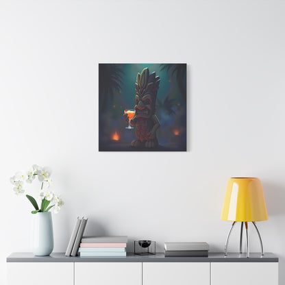 Canvas Print, Tiki Statue Holding Exotic Drink Tropical Night Scene, Wall Art Decor, Beach House Decor, Home Office Decoration, Island Vibes