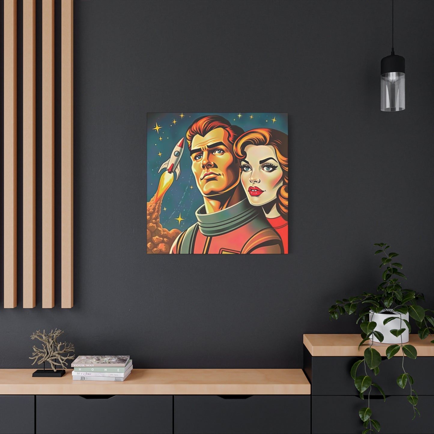 Canvas Wall Art, Retro Sci-Fi Space Commander & Princess, Pulp Magazine 1940s 1950s Decor, Matte Stretched Print, Astronomy Gift, Nerd Home