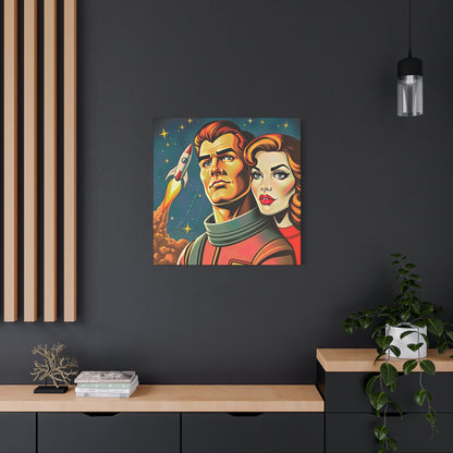 Canvas Wall Art, Retro Sci-Fi Space Commander & Princess, Pulp Magazine 1940s 1950s Decor, Matte Stretched Print, Astronomy Gift, Nerd Home