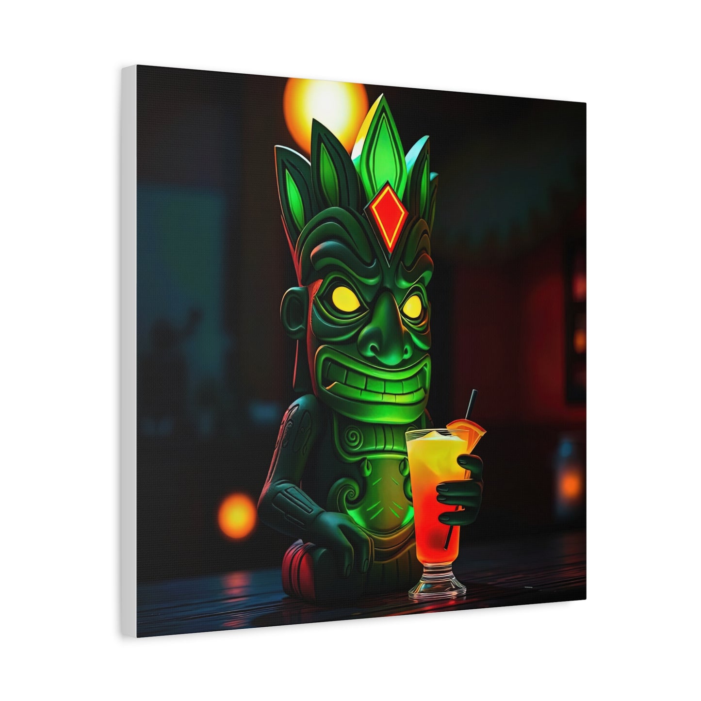 Canvas Print, Exotic Tiki Statue at Night Tropical Paradise Wall Art, Stretched Matte Print, Tiki Drink Decor, Island Vibes Home Decor,