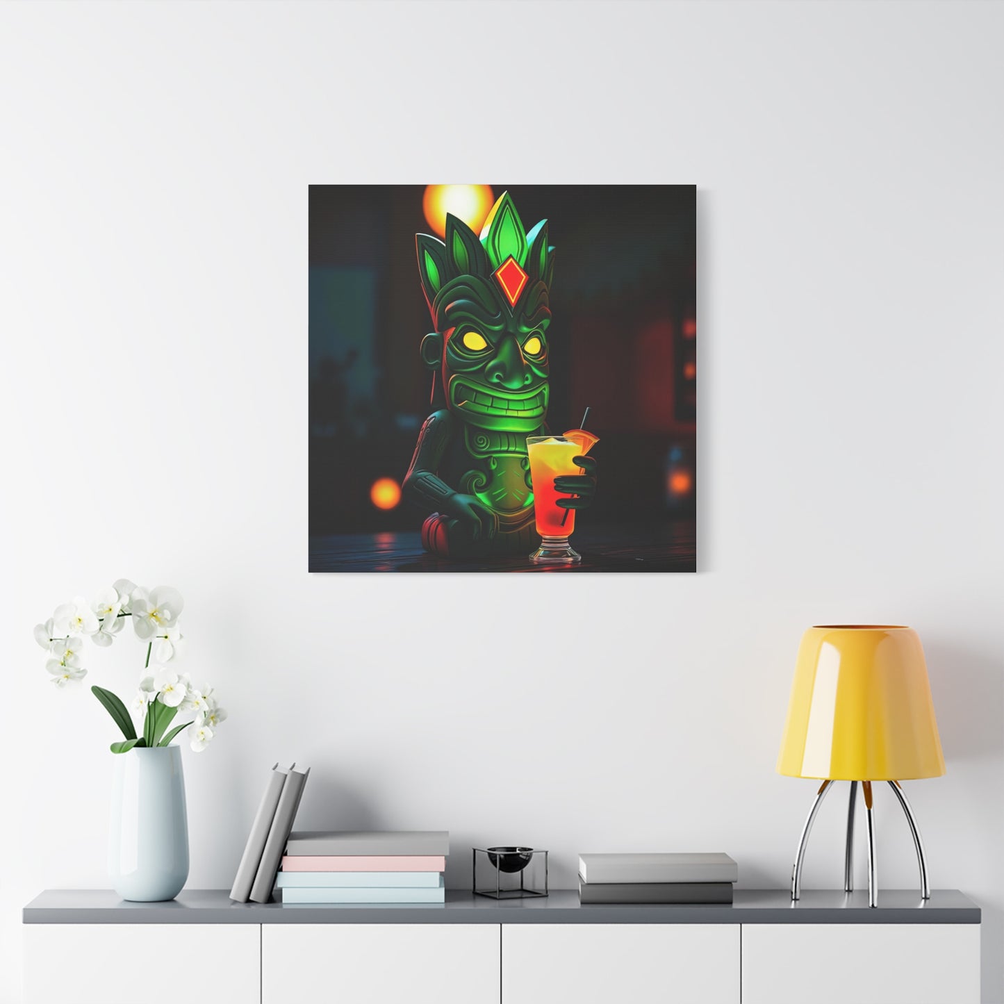 Canvas Print, Exotic Tiki Statue at Night Tropical Paradise Wall Art, Stretched Matte Print, Tiki Drink Decor, Island Vibes Home Decor,