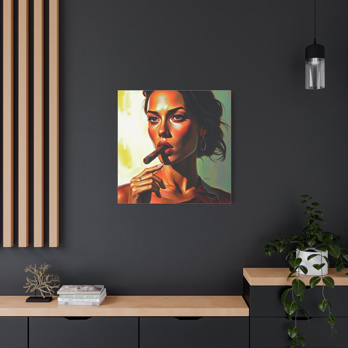 Canvas Wall Art, Pinup Woman Smoking Cigar for Man Cave, Cigar Aficionados, Retro Art Decor, Pinup Art Print, Wall Decor