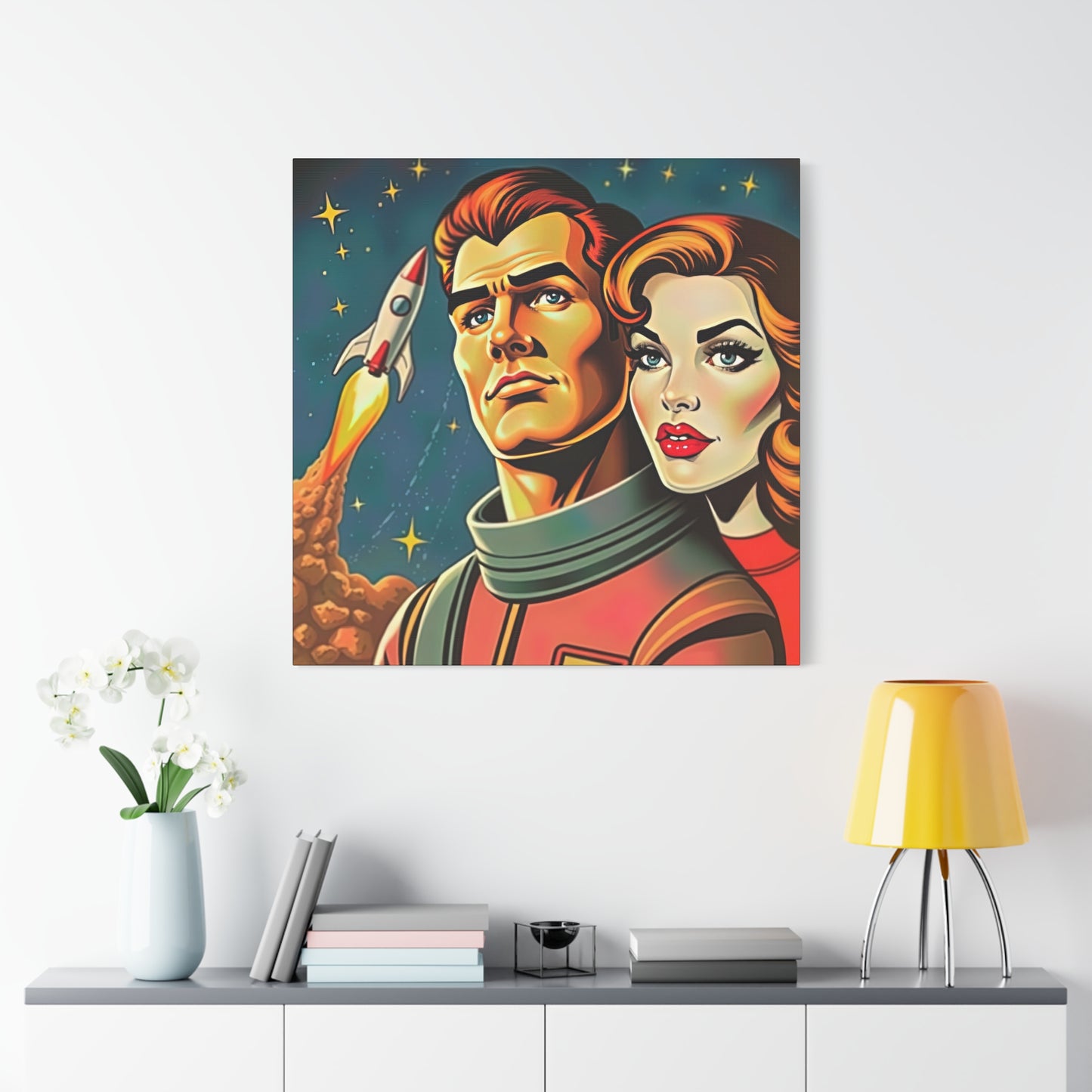 Canvas Wall Art, Retro Sci-Fi Space Commander & Princess, Pulp Magazine 1940s 1950s Decor, Matte Stretched Print, Astronomy Gift, Nerd Home