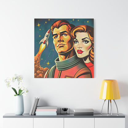 Canvas Wall Art, Retro Sci-Fi Space Commander & Princess, Pulp Magazine 1940s 1950s Decor, Matte Stretched Print, Astronomy Gift, Nerd Home