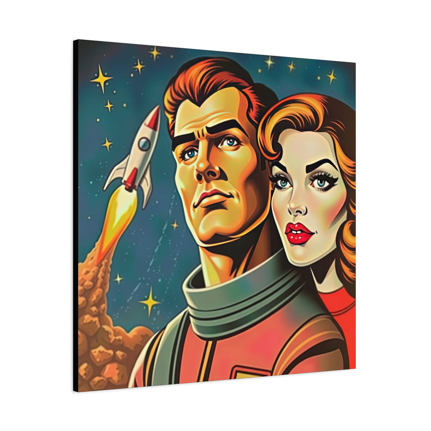 Canvas Wall Art, Retro Sci-Fi Space Commander & Princess, Pulp Magazine 1940s 1950s Decor, Matte Stretched Print, Astronomy Gift, Nerd Home
