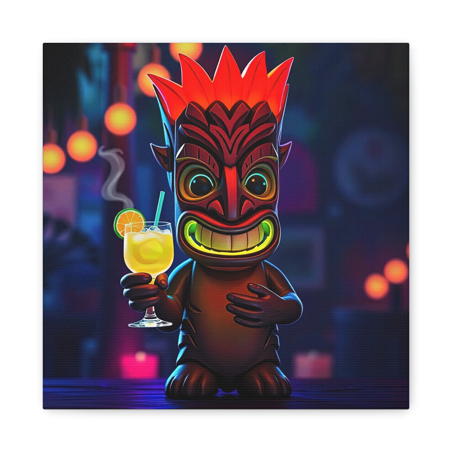Canvas Print, Exotic Tiki Location with Tiki Drink, Tiki Statue, Nighttime Scene, Wall Art, Home Decor, Tropical Decor