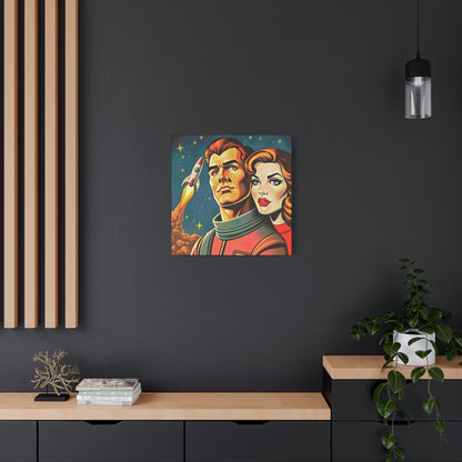 Canvas Wall Art, Retro Sci-Fi Space Commander & Princess, Pulp Magazine 1940s 1950s Decor, Matte Stretched Print, Astronomy Gift, Nerd Home