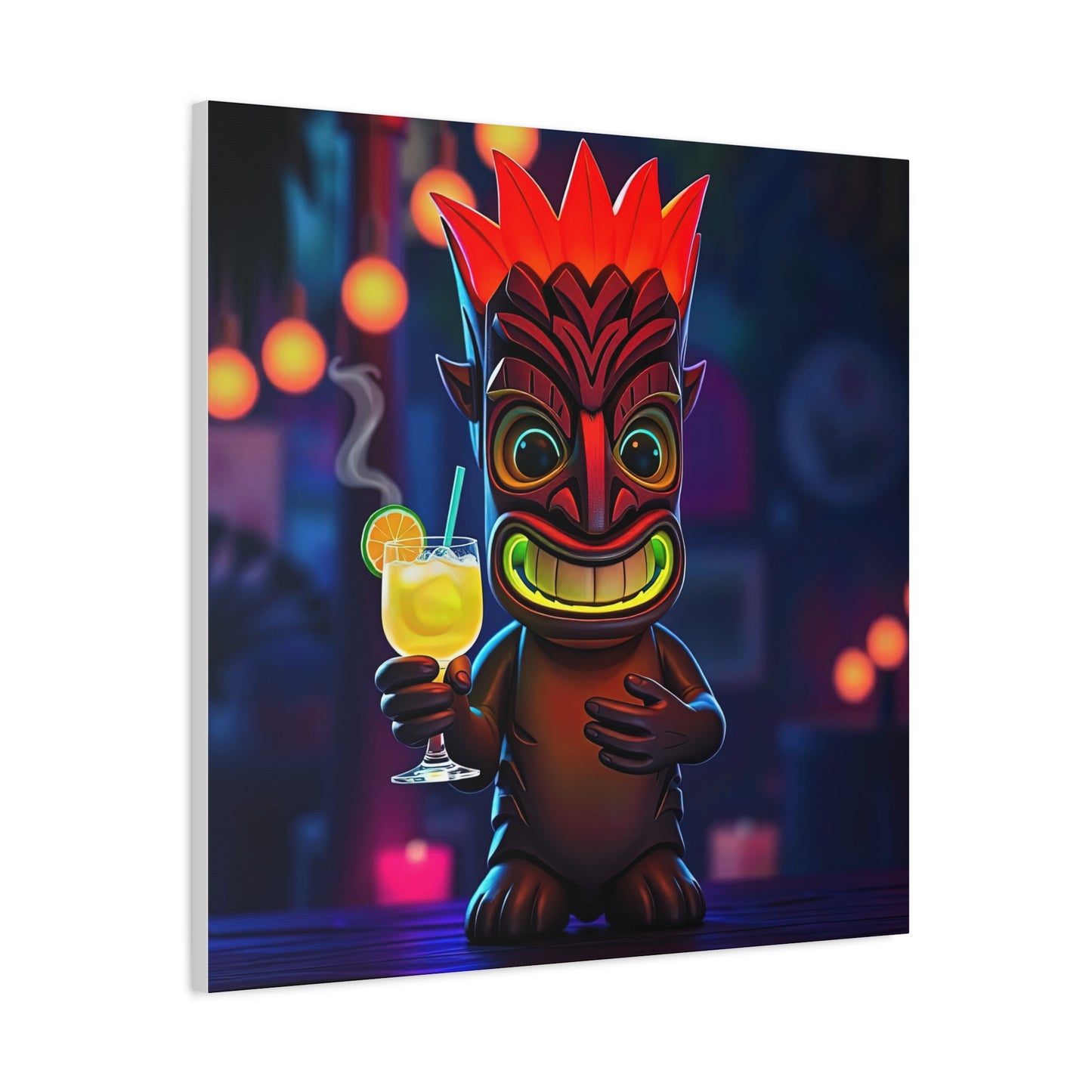 Canvas Print, Exotic Tiki Location with Tiki Drink, Tiki Statue, Nighttime Scene, Wall Art, Home Decor, Tropical Decor