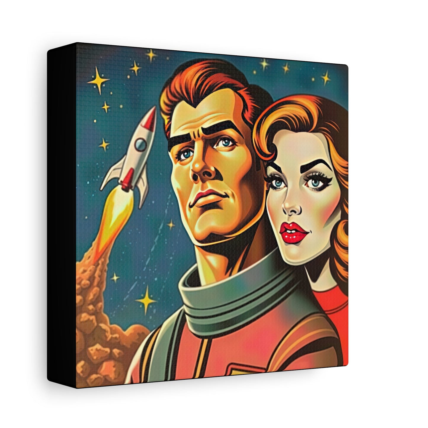 Canvas Wall Art, Retro Sci-Fi Space Commander & Princess, Pulp Magazine 1940s 1950s Decor, Matte Stretched Print, Astronomy Gift, Nerd Home