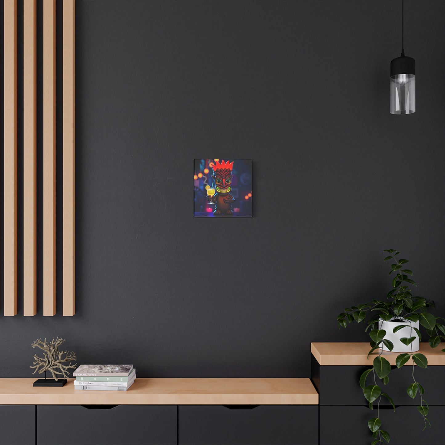 Canvas Print, Exotic Tiki Location with Tiki Drink, Tiki Statue, Nighttime Scene, Wall Art, Home Decor, Tropical Decor