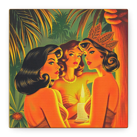 Canvas Wall Art, Retro Tiki Village Print, 1960s Style Polynesian Decor, Matte Fabric, Stretched Poster, Hawaiian Artwork, Vintage Tiki