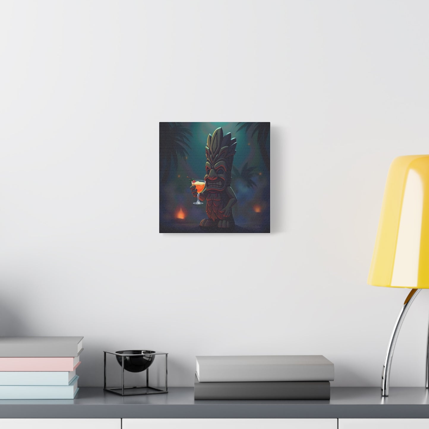 Canvas Print, Tiki Statue Holding Exotic Drink Tropical Night Scene, Wall Art Decor, Beach House Decor, Home Office Decoration, Island Vibes